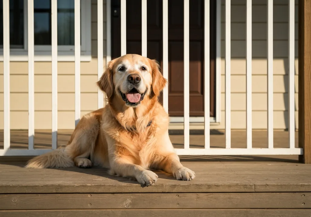 Content golden retriever with a graying muzzle relaxing on the porch of a family home in afternoon sun