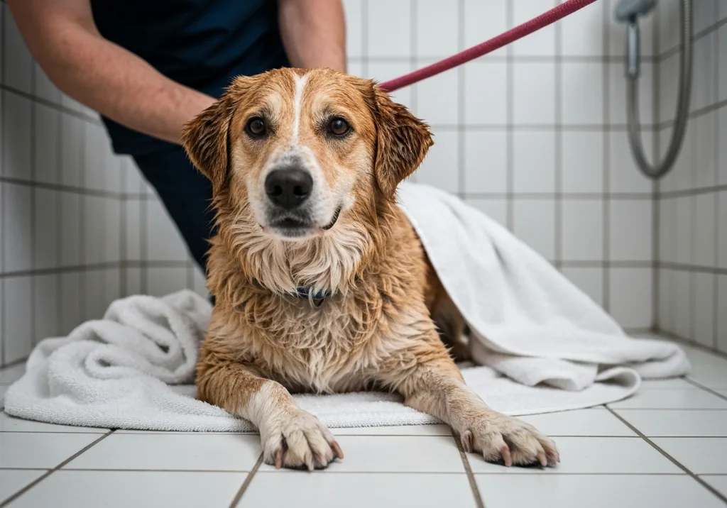 Golden retriever getting a bath in a large tub, wet coat covered in suds while a person rinses with a sprayer