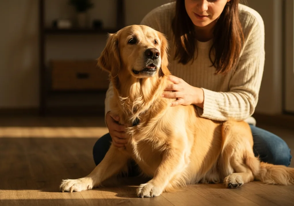 Golden retriever lying comfortably on a soft dog bed at home while its owner strokes its side