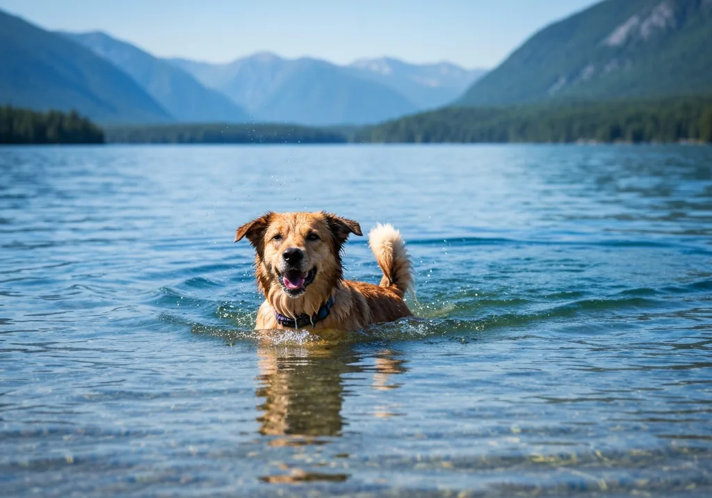 Healthy adult golden retriever swimming actively in a clear lake