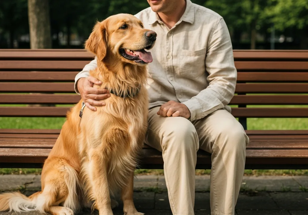 Golden retriever standing beside a seated adult on a park bench, showing the breed's size relative to a person