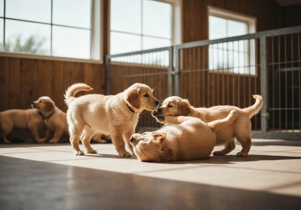 Litter of golden retriever puppies playing on straw in a well-kept kennel barn